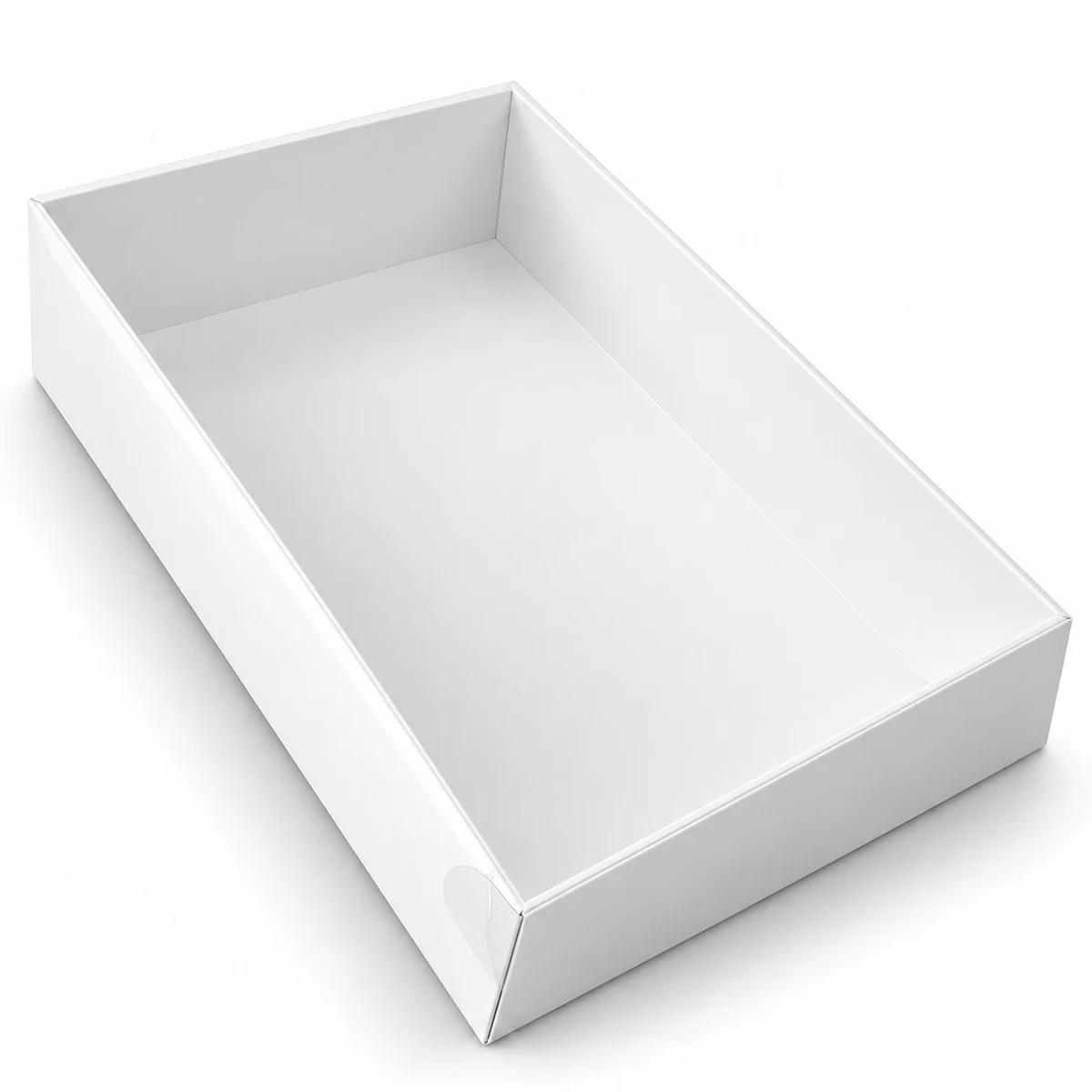 Empty white Premium Gloss Suit Box shown assembled at an angle